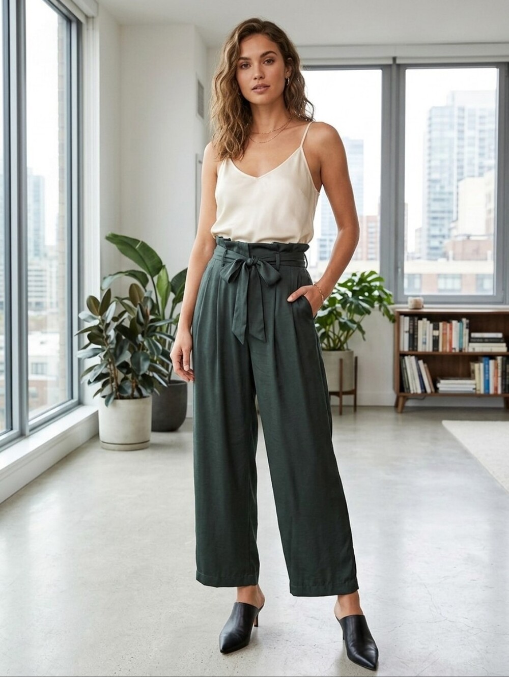 78. Grade & Gather Paper Bag Waist Culottes Sz M Deep Forest Green
